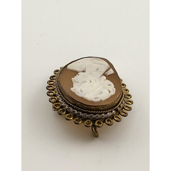 Vintage Shell Cameo Brooch Pendant Gold Tone Filigree Findings Mark - Picture 4 of 6